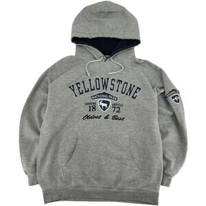 VTG Men's Grey Prairie Mountain Yellowstone National Park Hoodie Sweatshirt Sz L